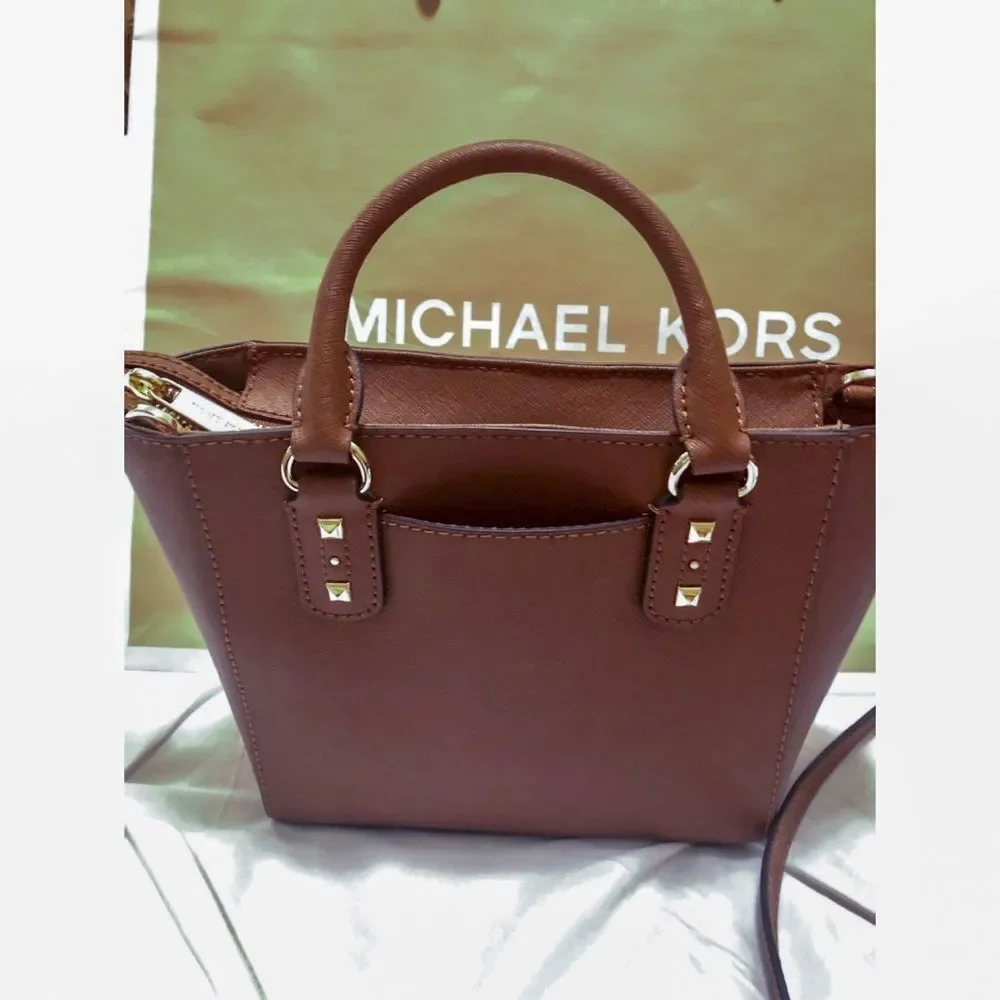 Michael Kors Sandrine Brown Leather Gold Studs CrossBody Satchel Purse Like New - Picture 3 of 7